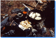 Shorelunch is cooked over an open fire when permitted.: Enjoy the experience of a shorelunch when added to your guided fishing vacation package.